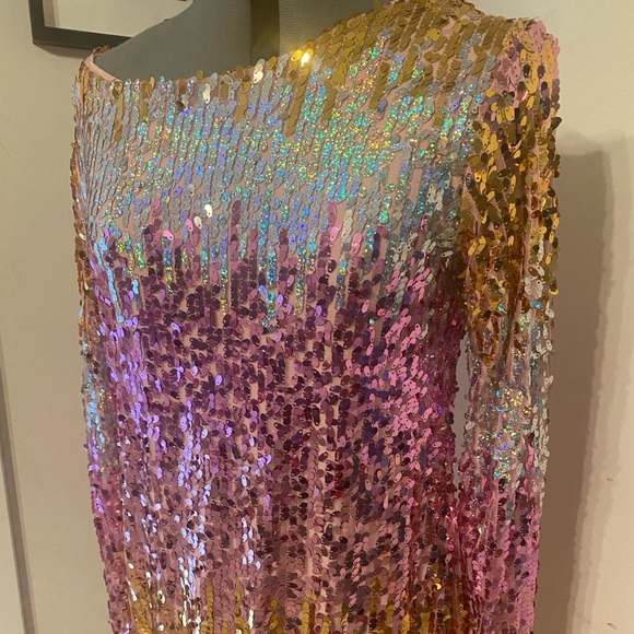 SOLD: Pink, Gold, Silver gradient/ombré sequined long sleeve cocktail dress - Picture 5 of 6
